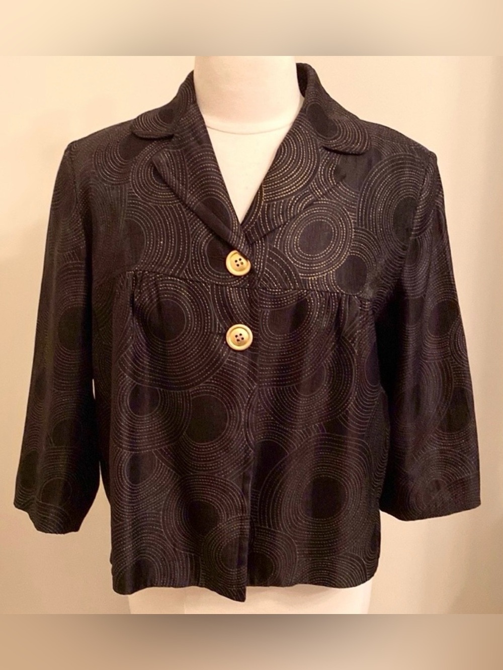 Ingenuity Black Gold Metallic Circle Print 12 Gatsby-esque Elegant Empire Jacket
